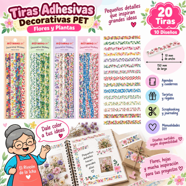 Pack 20 Tiras Adhesivas PET Flores y Plantas 10 x 150 mm | El Rincón de la Icha Pack de 20 tiras adhesivas PET de 10 x 150 mm con diseños de flores, hojas y plantas para decoración creativa.