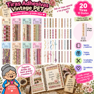 Pack 20 Tiras Adhesivas PET Vintage 15 x 130 mm | El Rincón de la Icha Pack de 20 tiras adhesivas PET vintage de 15 x 130 mm con 10 diseños florales y ornamentales surtidos.