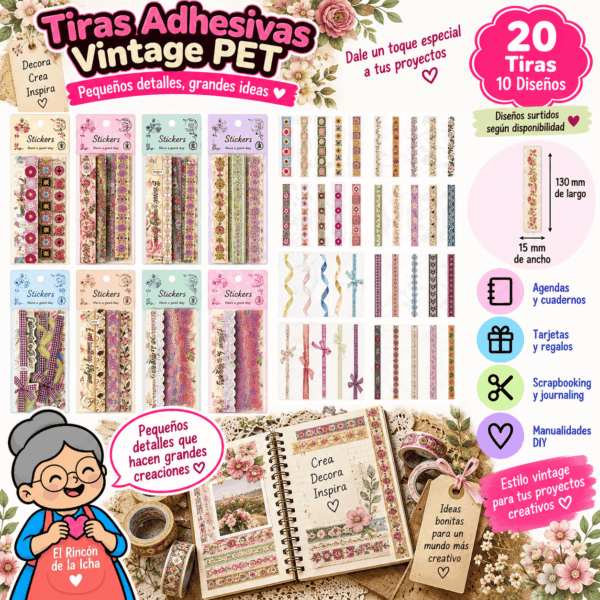 Pack 20 Tiras Adhesivas PET Vintage 15 x 130 mm | El Rincón de la Icha Pack de 20 tiras adhesivas PET vintage de 15 x 130 mm con 10 diseños florales y ornamentales surtidos.