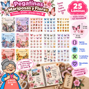 Pack 25 Láminas de Pegatinas PET Mariposas y Flores 50 x 60 mm | El Rincón de la Icha Pack de 25 láminas de pegatinas PET de 50 x 60 mm con diseños de mariposas, flores y elementos botánicos.