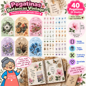 Pack 40 Pegatinas PET Botánicas Vintage – 20 Diseños | El Rincón de la Icha Pack de 40 pegatinas PET botánicas vintage con 20 diseños de flores, hojas y ramas de hasta 70 x 70 mm.