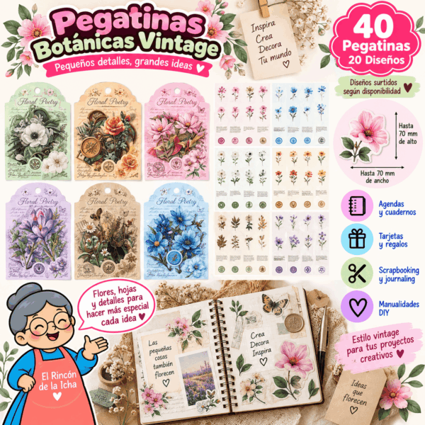 Pack 40 Pegatinas PET Botánicas Vintage – 20 Diseños | El Rincón de la Icha Pack de 40 pegatinas PET botánicas vintage con 20 diseños de flores, hojas y ramas de hasta 70 x 70 mm.