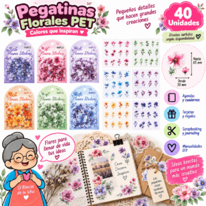 Pack 40 Pegatinas PET Florales 30 a 65 mm | El Rincón de la Icha Pack de 40 pegatinas PET florales de 30 a 65 mm con diseños de flores en colores surtidos.