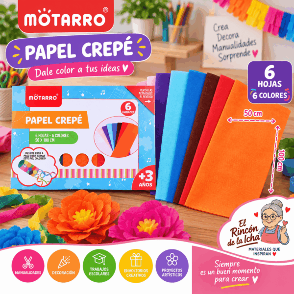 Papel Crepé Motarro 6 Hojas 6 Colores 50 x 100 cm Papel crepé Motarro de 6 hojas en 6 colores surtidos, tamaño 50 x 100 cm