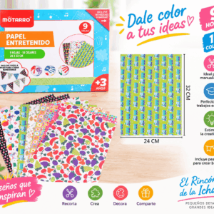 Papel Entretenido Estampado 9 Hojas 24 x 32 cm Papel entretenido estampado con 9 hojas de 24 x 32 cm y 18 colores, presentado con diseños variados para manualidades y trabajos escolares.