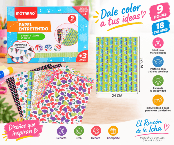 Papel Entretenido Estampado 9 Hojas 24 x 32 cm Papel entretenido estampado con 9 hojas de 24 x 32 cm y 18 colores, presentado con diseños variados para manualidades y trabajos escolares.