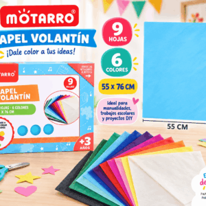 Papel Volantín 9 Hojas 6 Colores 55 x 76 cm Papel volantín Mötarro con 9 hojas en 6 colores surtidos de 55 x 76 cm, presentado para manualidades, trabajos escolares y proyectos DIY.