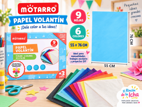 Papel Volantín 9 Hojas 6 Colores 55 x 76 cm Papel volantín Mötarro con 9 hojas en 6 colores surtidos de 55 x 76 cm, presentado para manualidades, trabajos escolares y proyectos DIY.
