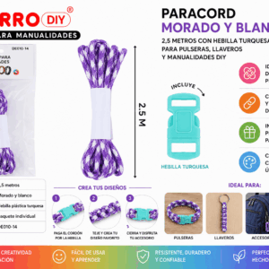 Paracord morado y blanco de 2,5 metros con hebilla plástica turquesa para pulseras, llaveros y manualidades DIY