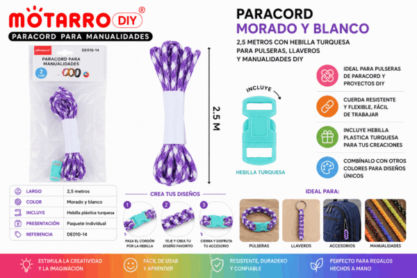 Paracord Morado y Blanco 2,5 m con Hebilla Turquesa para Manualidades DIY Paracord morado y blanco de 2,5 metros con hebilla plástica turquesa para pulseras, llaveros y manualidades DIY
