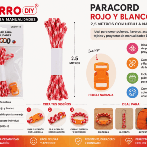 Paracord rojo y blanco de 2,5 metros con hebilla plástica naranja para pulseras, llaveros y manualidades DIY