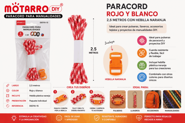 Paracord Rojo y Blanco 2,5 m con Hebilla Naranja para Manualidades DIY Paracord rojo y blanco de 2,5 metros con hebilla plástica naranja para pulseras, llaveros y manualidades DIY