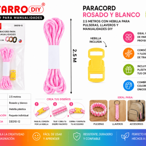 Paracord Rosado y Blanco 2,5 m con Hebilla Amarilla para Manualidades DIY Paracord rosado y blanco de 2,5 metros con hebilla plástica amarilla para pulseras, llaveros y manualidades DIY