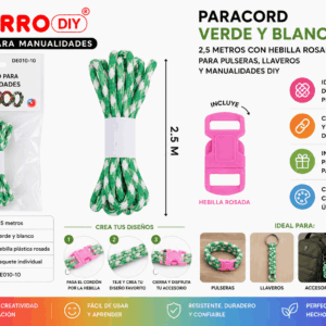 Paracord verde y blanco de 2,5 metros con hebilla plástica rosada para pulseras, llaveros y manualidades DIY