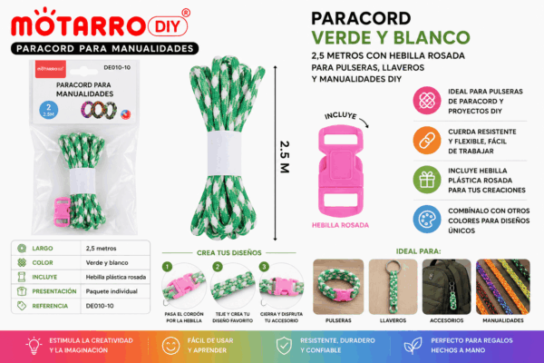 Paracord Verde y Blanco 2,5 m con Hebilla Rosada para Manualidades DIY Paracord verde y blanco de 2,5 metros con hebilla plástica rosada para pulseras, llaveros y manualidades DIY