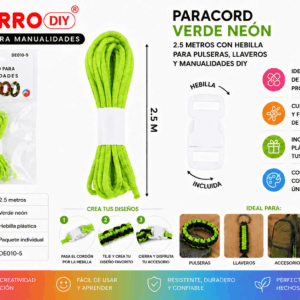 Paracord verde neón de 2,5 metros con hebilla plástica para pulseras, llaveros y manualidades DIY