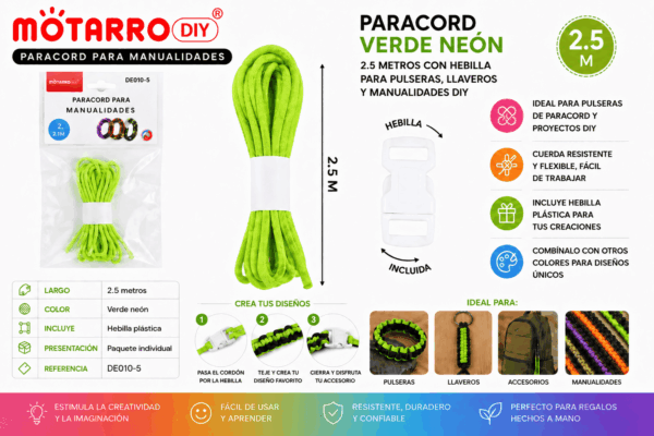 Paracord Verde Neón 2,5 m con Hebilla para Manualidades DIY Paracord verde neón de 2,5 metros con hebilla plástica para pulseras, llaveros y manualidades DIY