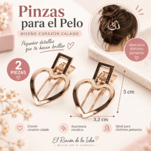 Pinzas para el Cabello Diseño Corazón Calado – 2 Piezas Set de 2 pinzas para el cabello con diseño de corazón calado, apariencia metálica y medida de 3,2 x 5 cm