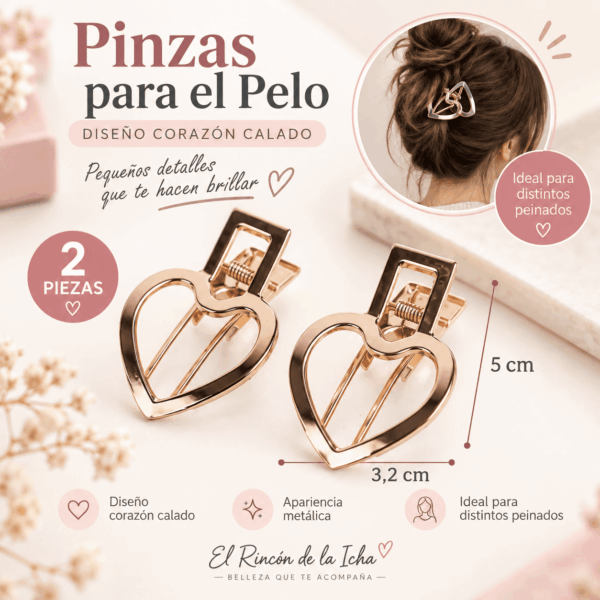 Pinzas para el Cabello Diseño Corazón Calado – 2 Piezas Set de 2 pinzas para el cabello con diseño de corazón calado, apariencia metálica y medida de 3,2 x 5 cm