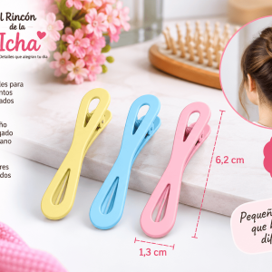 Pinzas para el Cabello Diseño 8 – 3 Piezas – Colores Surtidos Set de 3 pinzas para el cabello con diseño alargado tipo 8, colores surtidos y medida de 1,3 x 6,2 cm