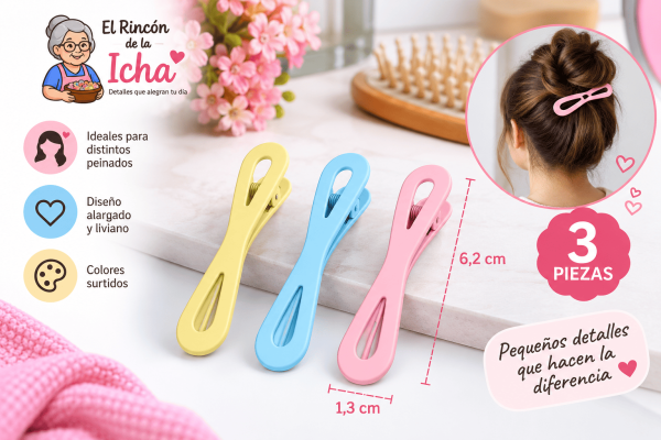 Pinzas para el Cabello Diseño 8 – 3 Piezas – Colores Surtidos Set de 3 pinzas para el cabello con diseño alargado tipo 8, colores surtidos y medida de 1,3 x 6,2 cm