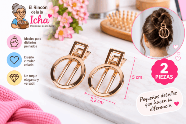 Pinzas para el Cabello Diseño Circular Calado – 2 Piezas Set de 2 pinzas para el cabello con diseño circular calado, apariencia metálica y medida de 3,2 x 5 cm