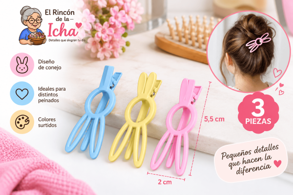 Pinzas para el Cabello Diseño Conejo – 3 Piezas – Colores Surtidos Set de 3 pinzas para el cabello con diseño de conejo, colores surtidos y medida de 2 x 5,5 cm