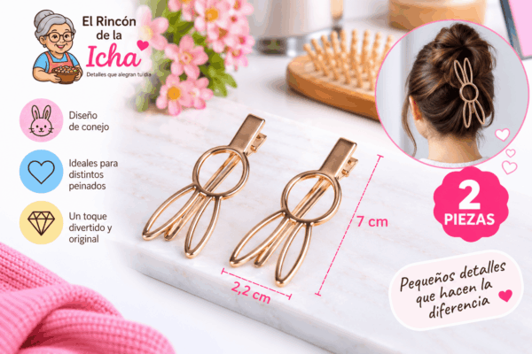 Pinzas para el Cabello Diseño Conejo Calado – 2 Piezas Set de 2 pinzas para el cabello con diseño de conejo calado, apariencia metálica y medida de 2,2 x 7 cm