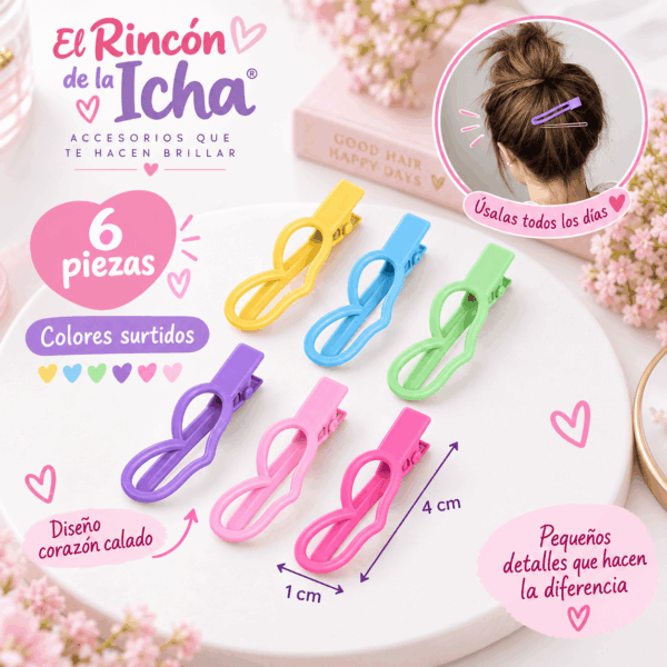 Pinzas para el Cabello Diseño Corazón Calado – 6 Piezas – Colores Surtidos Set de 6 pinzas para el cabello con diseño de corazón calado, colores surtidos y medida de 1 x 4 cm