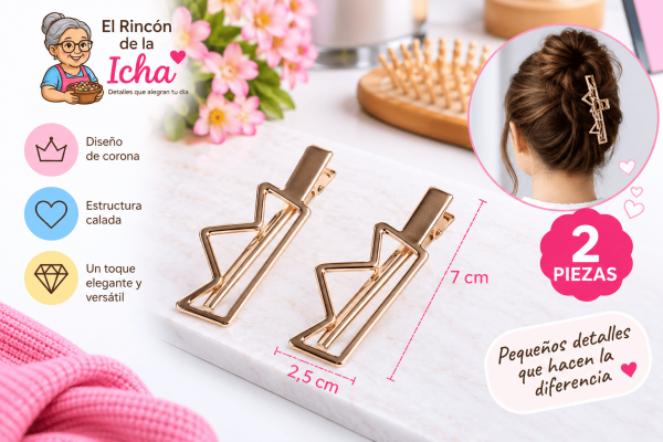 Pinzas para el Cabello Diseño Corona Calada – 2 Piezas Set de 2 pinzas para el cabello con diseño de corona calada, apariencia metálica y medida de 2,5 x 7 cm