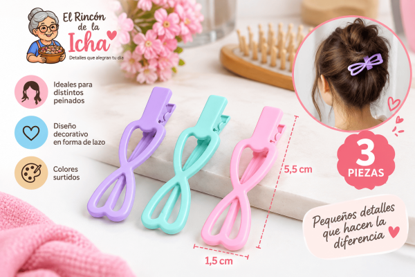 Pinzas para el Cabello Diseño Lazo – 3 Piezas – Colores Surtidos Set de 3 pinzas para el cabello con diseño decorativo en forma de lazo, colores surtidos y medida de 1,5 x 5,5 cm