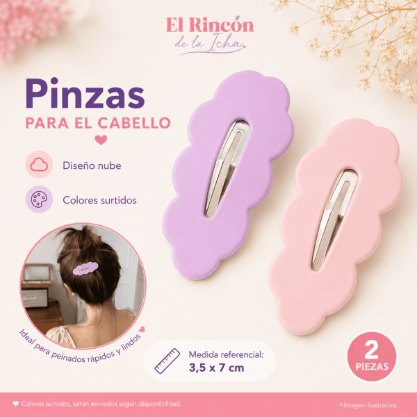 Pinzas para el Cabello Diseño Nube – 2 Piezas Set de 2 pinzas para el cabello con diseño nube en colores surtidos, medida referencial 3,5 x 7 cm