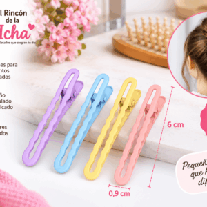 Pinzas para el Cabello Diseño Ondulado – 4 Piezas – Colores Surtidos Set de 4 pinzas para el cabello con diseño ondulado alargado, colores surtidos y medida de 0,9 x 6 cm