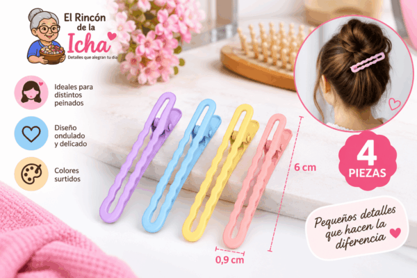 Pinzas para el Cabello Diseño Ondulado – 4 Piezas – Colores Surtidos Set de 4 pinzas para el cabello con diseño ondulado alargado, colores surtidos y medida de 0,9 x 6 cm