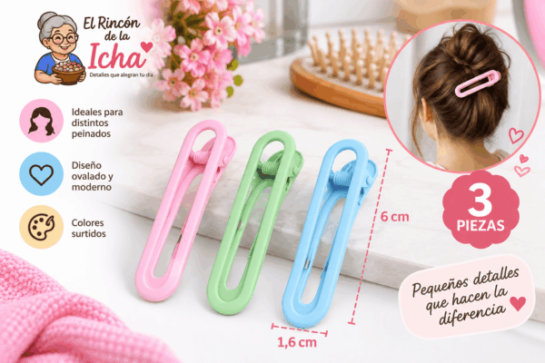 Pinzas para el Cabello Diseño Ovalado – 3 Piezas – Colores Surtidos Set de 3 pinzas para el cabello con diseño ovalado abierto, colores surtidos y medida de 1,6 x 6 cm