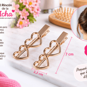 Pinzas para el Cabello Diseño Doble Corazón – 2 Piezas Set de 2 pinzas para el cabello con diseño de doble corazón calado, apariencia metálica y medida de 2,2 x 7 cm
