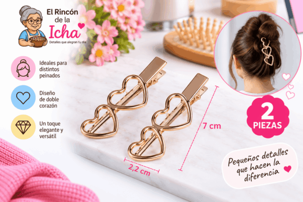 Pinzas para el Cabello Diseño Doble Corazón – 2 Piezas Set de 2 pinzas para el cabello con diseño de doble corazón calado, apariencia metálica y medida de 2,2 x 7 cm