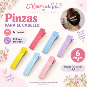 Pinzas para el Cabello Forradas – 6 Piezas – Colores Surtidos Set de 6 pinzas para el cabello forradas en colores surtidos, medida referencial 1 x 4,7 cm