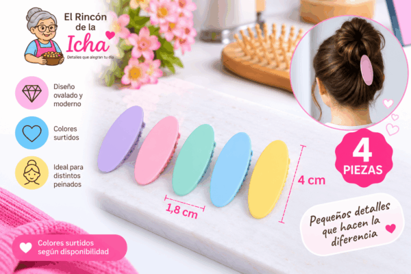 Pinzas para el Cabello Diseño Ovalado – 4 Piezas – Colores Surtidos Pinzas para el cabello con diseño ovalado en colores surtidos, producto de 4 piezas y medida de 1,8 x 4 cm