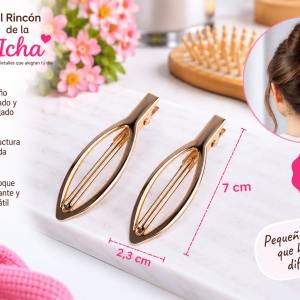 Pinzas para el Cabello Ovaladas Alargadas Caladas – 2 Piezas Set de 2 pinzas para el cabello con diseño ovalado alargado y calado, apariencia metálica y medida de 2,3 x 7 cm