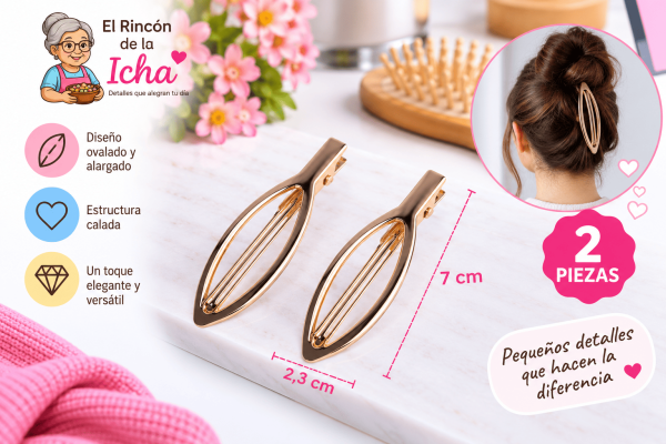 Pinzas para el Cabello Ovaladas Alargadas Caladas – 2 Piezas Set de 2 pinzas para el cabello con diseño ovalado alargado y calado, apariencia metálica y medida de 2,3 x 7 cm