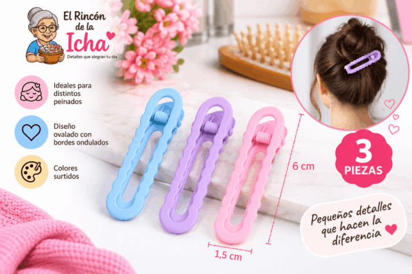 Pinzas para el Cabello Ovaladas con Bordes Ondulados – 3 Piezas Set de 3 pinzas para el cabello con diseño ovalado, bordes ondulados, colores surtidos y medida de 1,5 x 6 cm