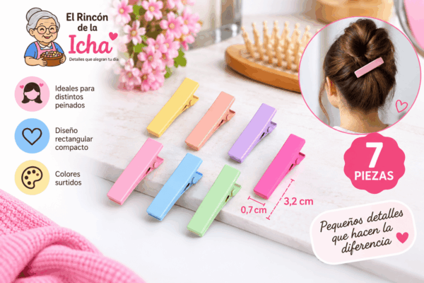Pinzas para el Cabello Rectangulares – 7 Piezas – Colores Surtidos Set de 7 pinzas para el cabello con diseño rectangular compacto, colores surtidos y medida de 0,7 x 3,2 cm