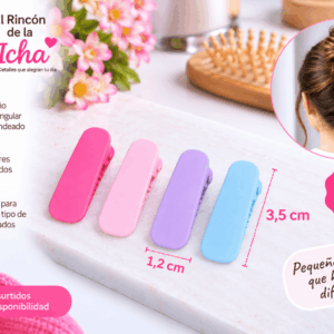 Pinzas para el Cabello Rectangulares Redondeadas – 4 Piezas – Colores Surtidos Set de 4 pinzas para el cabello con diseño rectangular redondeado, colores surtidos y medida de 1,2 x 3,5 cm