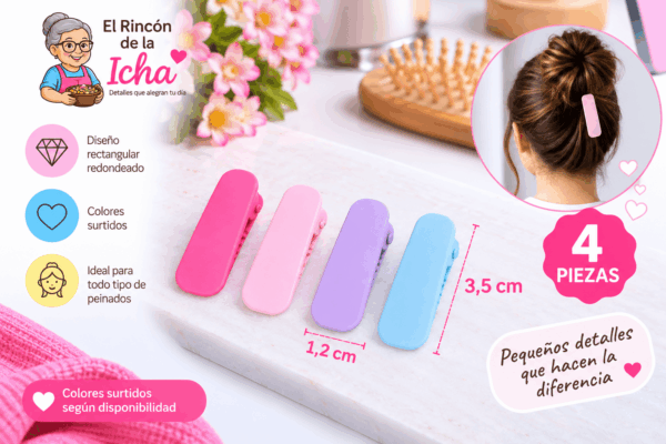 Pinzas para el Cabello Rectangulares Redondeadas – 4 Piezas – Colores Surtidos Set de 4 pinzas para el cabello con diseño rectangular redondeado, colores surtidos y medida de 1,2 x 3,5 cm