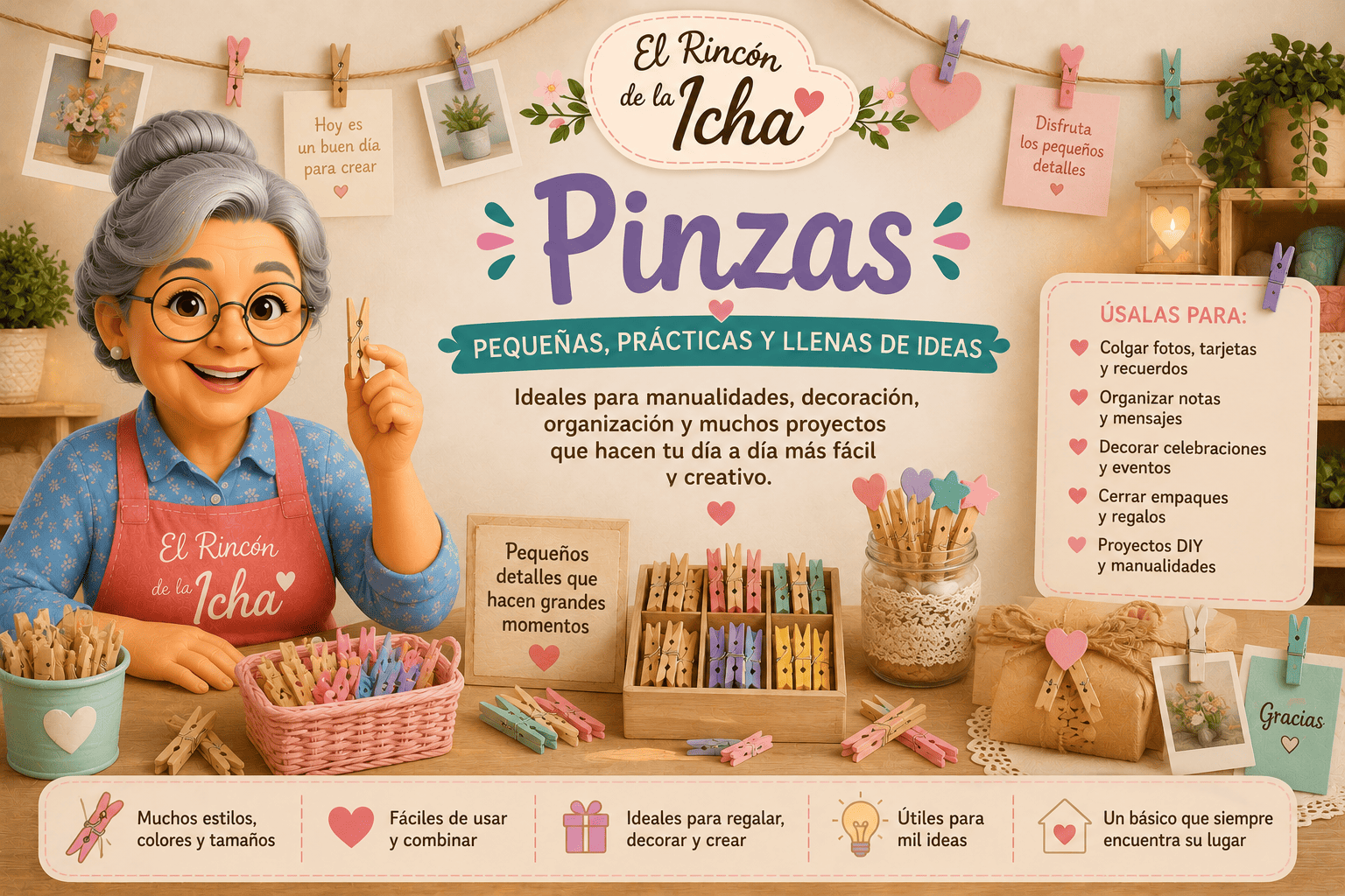Pinzas Decorativas para Manualidades y Organización | El Rincón de la Icha Pinzas decorativas de colores para manualidades, fotos, regalos, organización y proyectos DIY