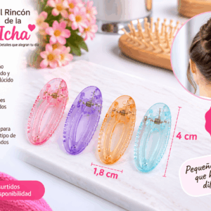 Pinzas Translúcidas para el Cabello Ovaladas – 4 Piezas – Colores Surtidos Set de 4 pinzas translúcidas para el cabello con diseño ovalado, colores surtidos y medida de 1,8 x 4 cm