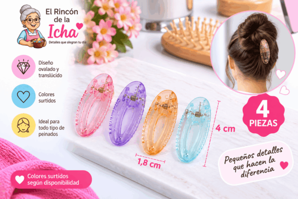 Pinzas Translúcidas para el Cabello Ovaladas – 4 Piezas – Colores Surtidos Set de 4 pinzas translúcidas para el cabello con diseño ovalado, colores surtidos y medida de 1,8 x 4 cm