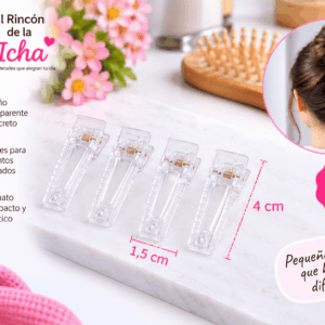 Pinzas Transparentes para el Cabello Diseño Rectangular – 4 Piezas Set de 4 pinzas transparentes para el cabello con diseño rectangular, medida de 1,5 x 4 cm