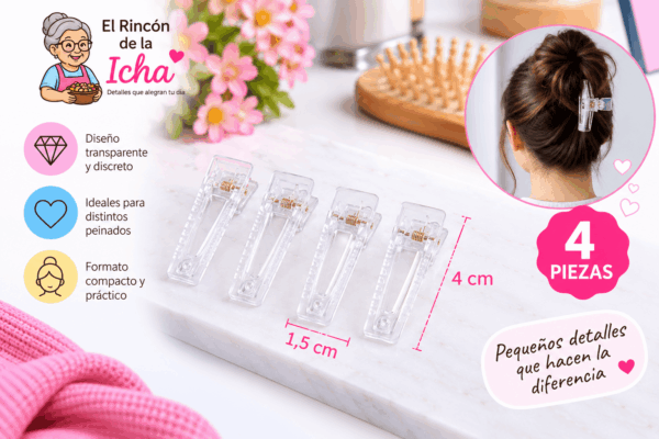 Pinzas Transparentes para el Cabello Diseño Rectangular – 4 Piezas Set de 4 pinzas transparentes para el cabello con diseño rectangular, medida de 1,5 x 4 cm